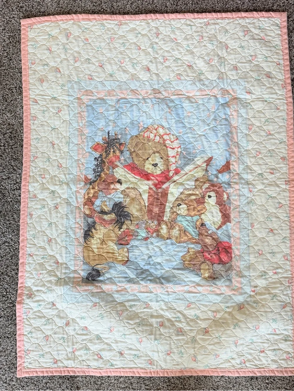 Quilted Baby Storybook Blanket in Pink and Cream